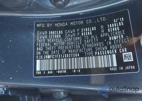 2018 Honda Civic Ex-T from USA, damaged, VIN JHMFC1F31JX027384